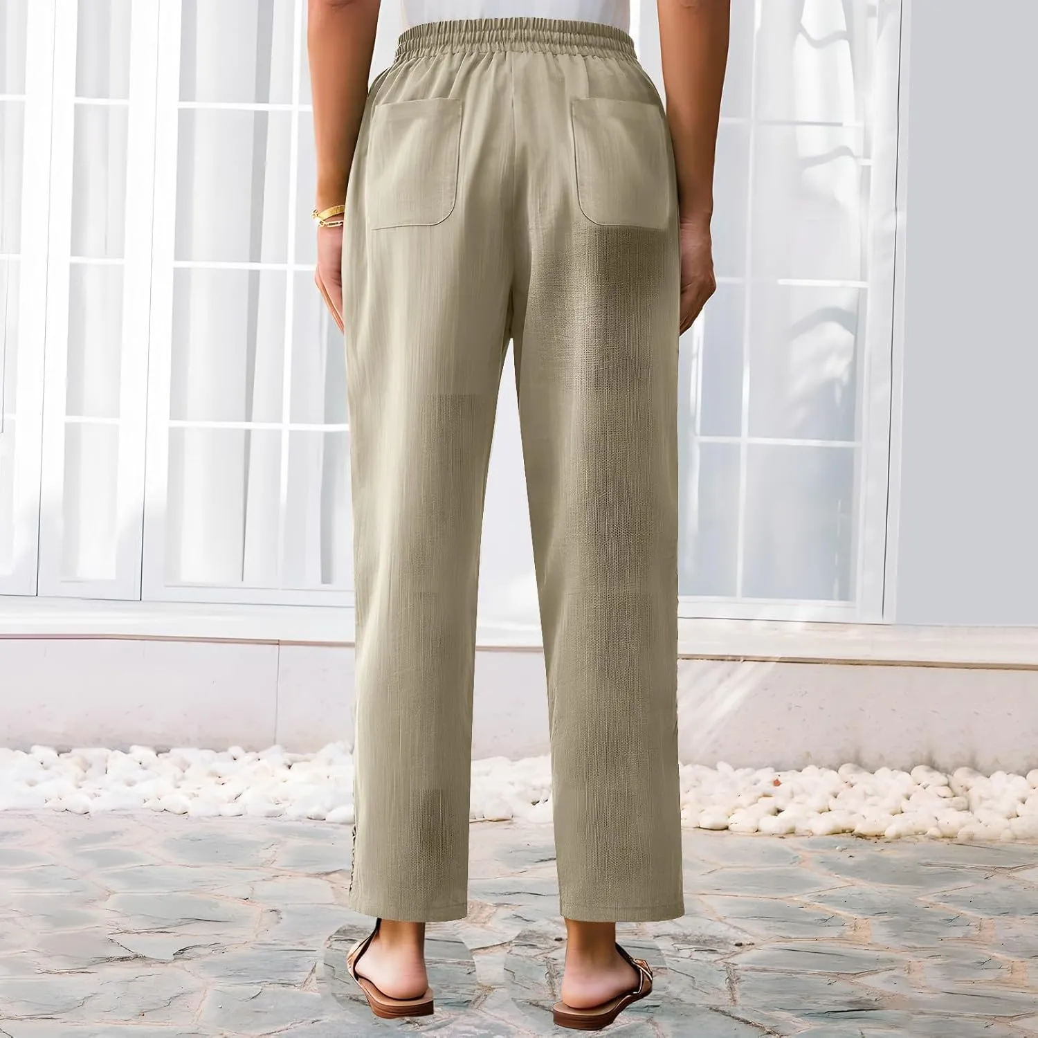 Summer Pants for Women Belted Elastic High Waist Boho Trousers with Pockets Lightweight Drawstring Trendy Outfits