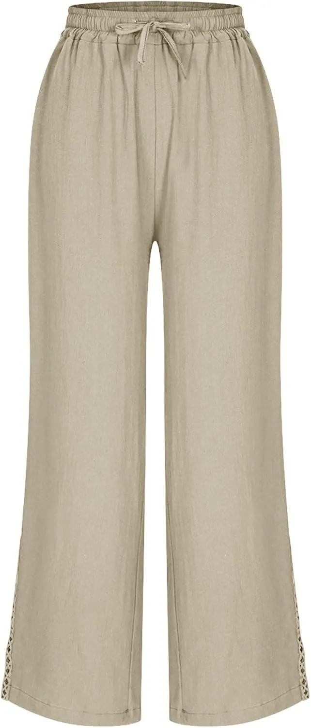 Summer Pants for Women Belted Elastic High Waist Boho Trousers with Pockets Lightweight Drawstring Trendy Outfits