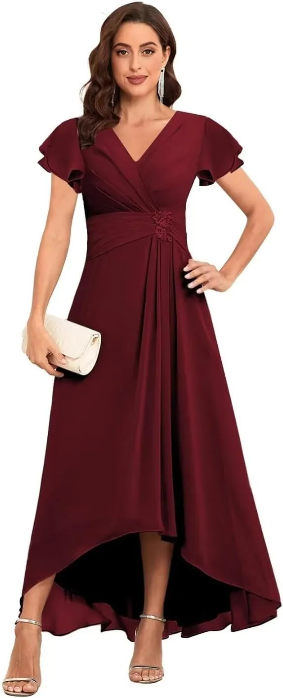 Tea Length Mother of The Bride Dresses Chiffon Lace Appliques V Neck Formal Dresses with Sleeves