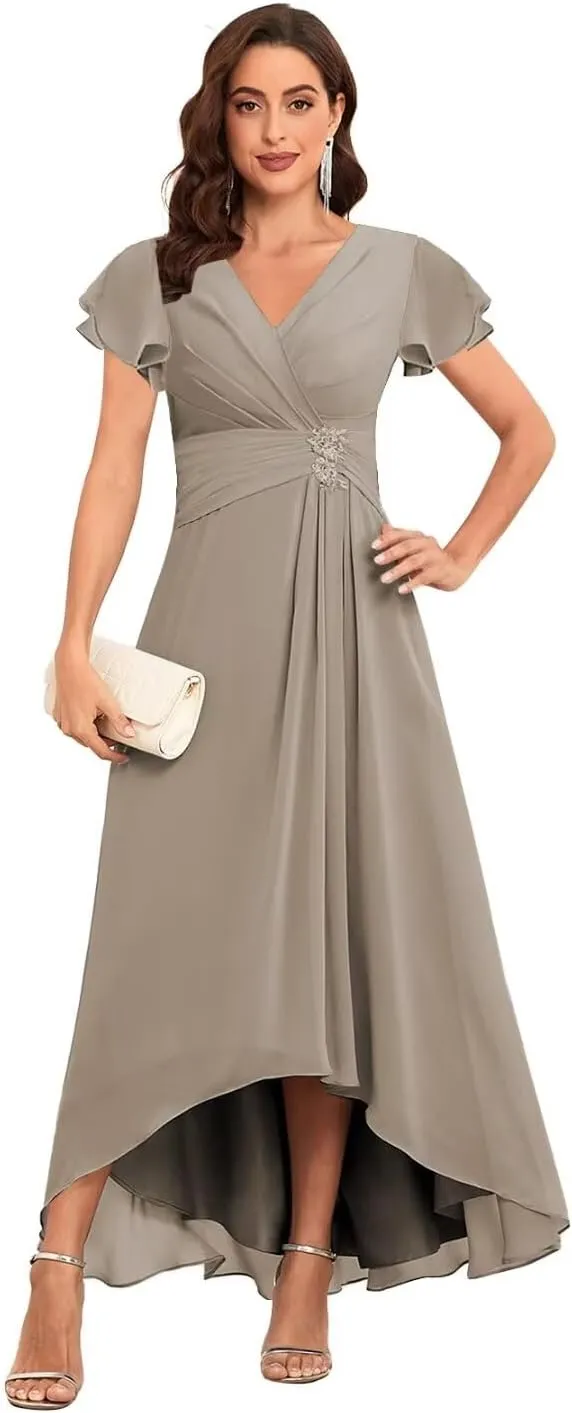 Tea Length Mother of The Bride Dresses Chiffon Lace Appliques V Neck Formal Dresses with Sleeves