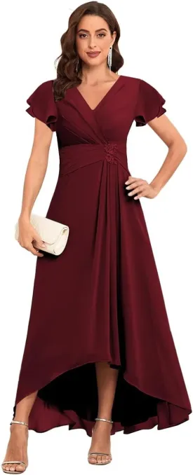 Tea Length Mother of The Bride Dresses Chiffon Lace Appliques V Neck Formal Dresses with Sleeves
