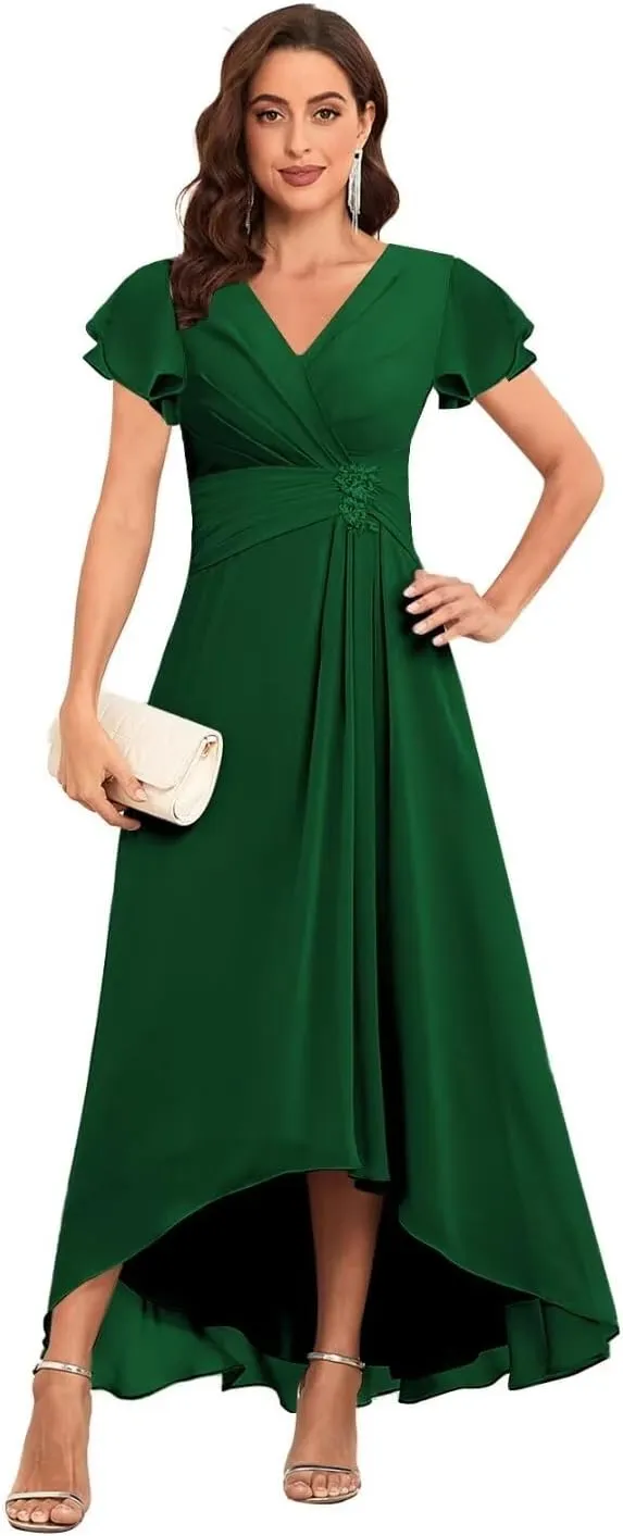 Tea Length Mother of The Bride Dresses Chiffon Lace Appliques V Neck Formal Dresses with Sleeves