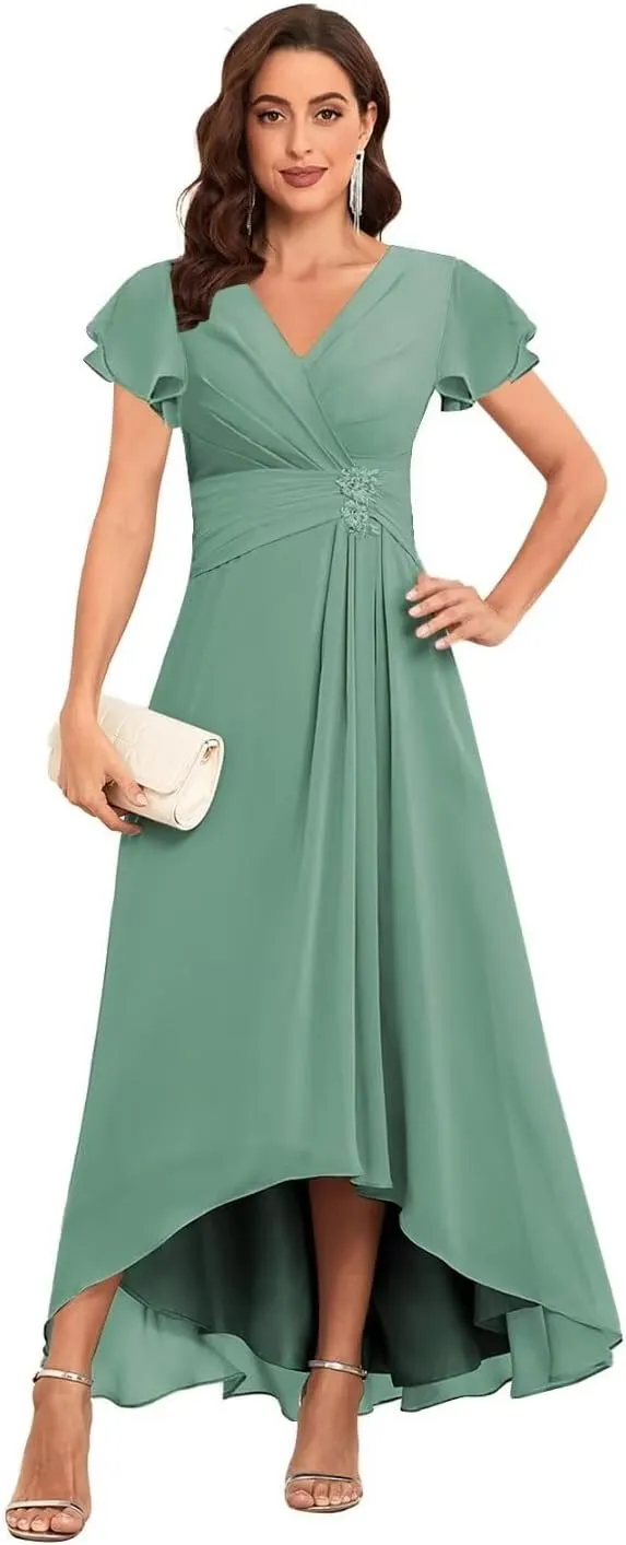 Tea Length Mother of The Bride Dresses Chiffon Lace Appliques V Neck Formal Dresses with Sleeves