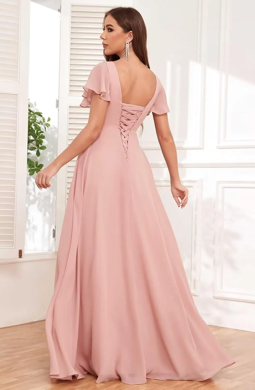 Tea Length Mother of The Bride Dresses Chiffon Lace Appliques V Neck Formal Dresses with Sleeves