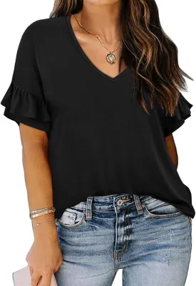 TIYOMI Plus Size Tops for Women Ruffle Shirts Button Short Sleeve Summer V Neck Tunics XL-5XL