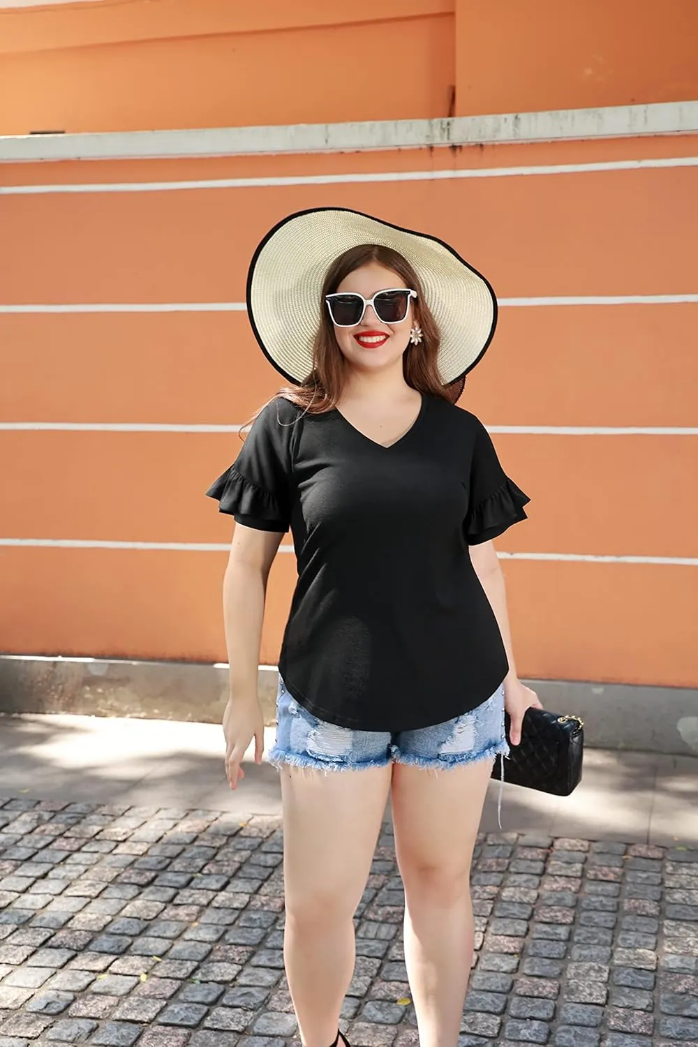 TIYOMI Plus Size Tops for Women Ruffle Shirts Button Short Sleeve Summer V Neck Tunics XL-5XL