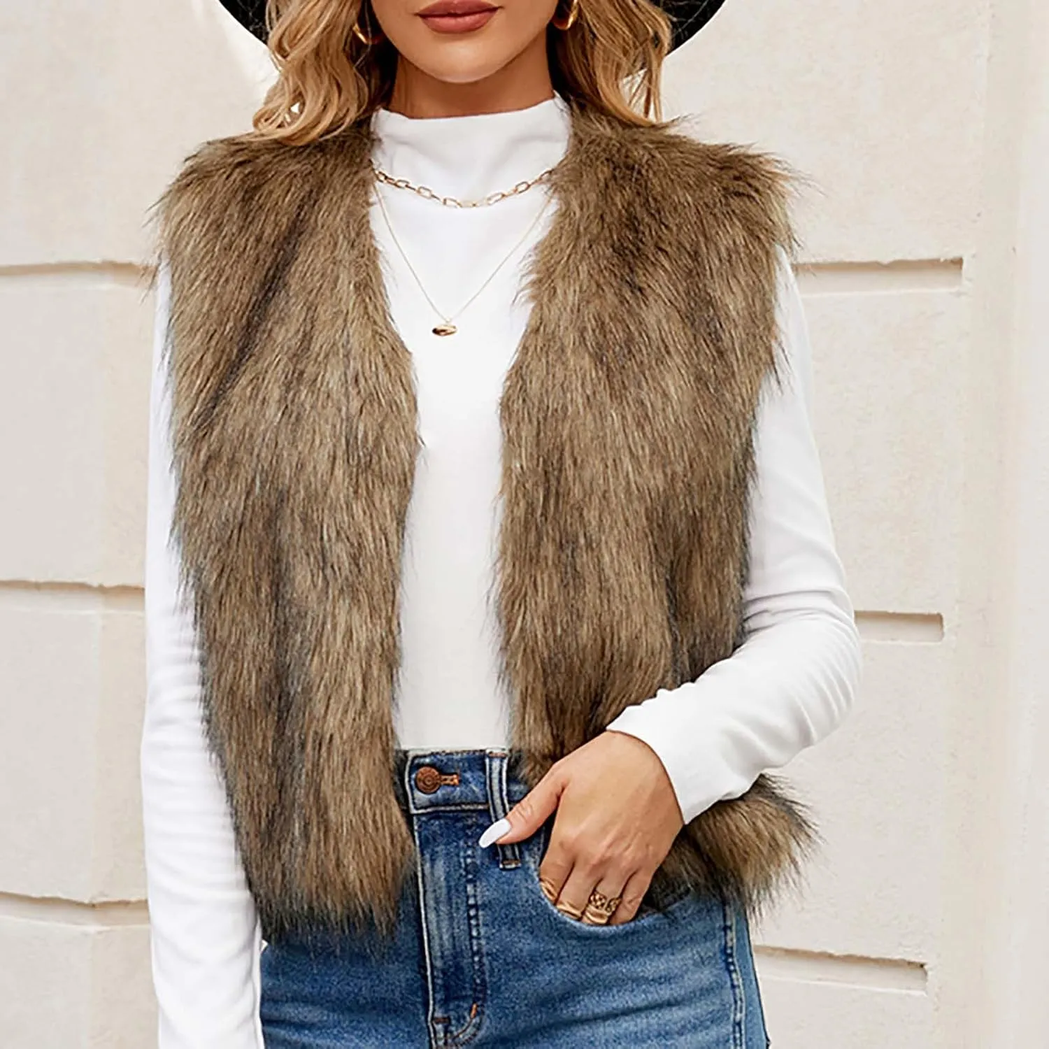 Uillui Womens Open Front Fluffy Short Faux Fur Vest Waistcoat Sleeveless Cropped Faux Fur Jacket Fuzzy Fluffy Short Cardigan