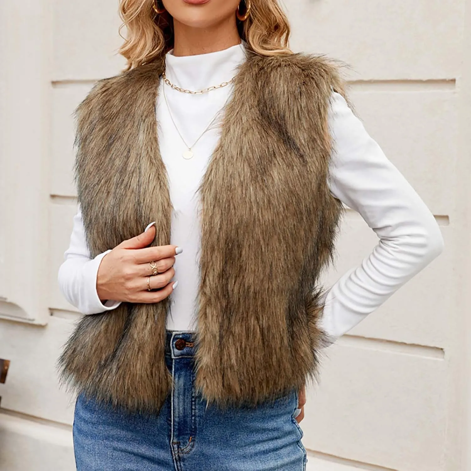 Uillui Womens Open Front Fluffy Short Faux Fur Vest Waistcoat Sleeveless Cropped Faux Fur Jacket Fuzzy Fluffy Short Cardigan