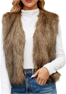 Uillui Womens Open Front Fluffy Short Faux Fur Vest Waistcoat Sleeveless Cropped Faux Fur Jacket Fuzzy Fluffy Short Cardigan