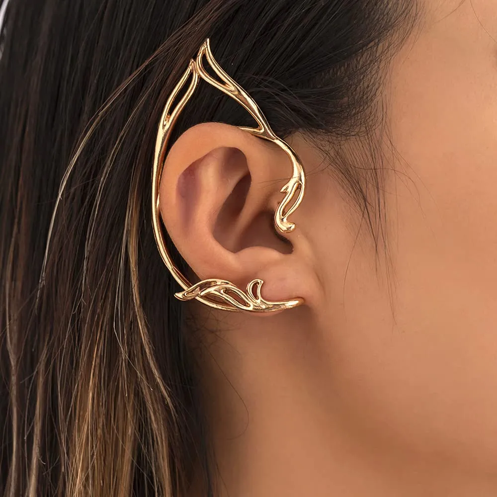 Wiwpar 2PCS Gothic Elves Ear Cuffs Simple Non-Pierced Cosply Cat Ear Wrap Statement Jewely for Halloween Easter Elf Hollow Cartilage Climber Earrings Trendy Retro Punk Elf Clip Earrings for Womengold)