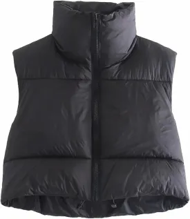 Women Cropped Puffer Vest Padded Down Jacket Stand Up Collar Coat Short Coat Jacket Winter Vest Outerwear with Pockets