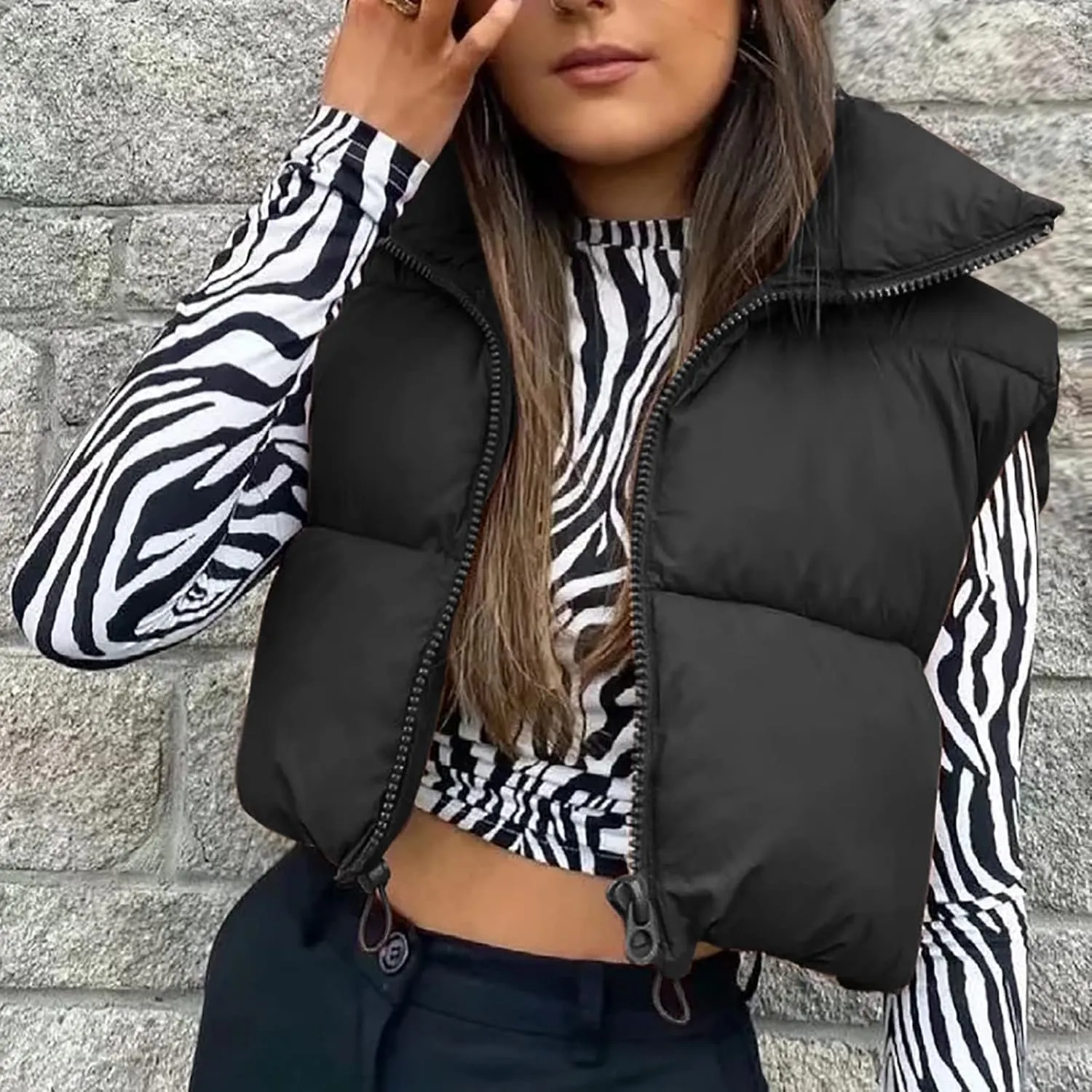 Women Cropped Puffer Vest Padded Down Jacket Stand Up Collar Coat Short Coat Jacket Winter Vest Outerwear with Pockets