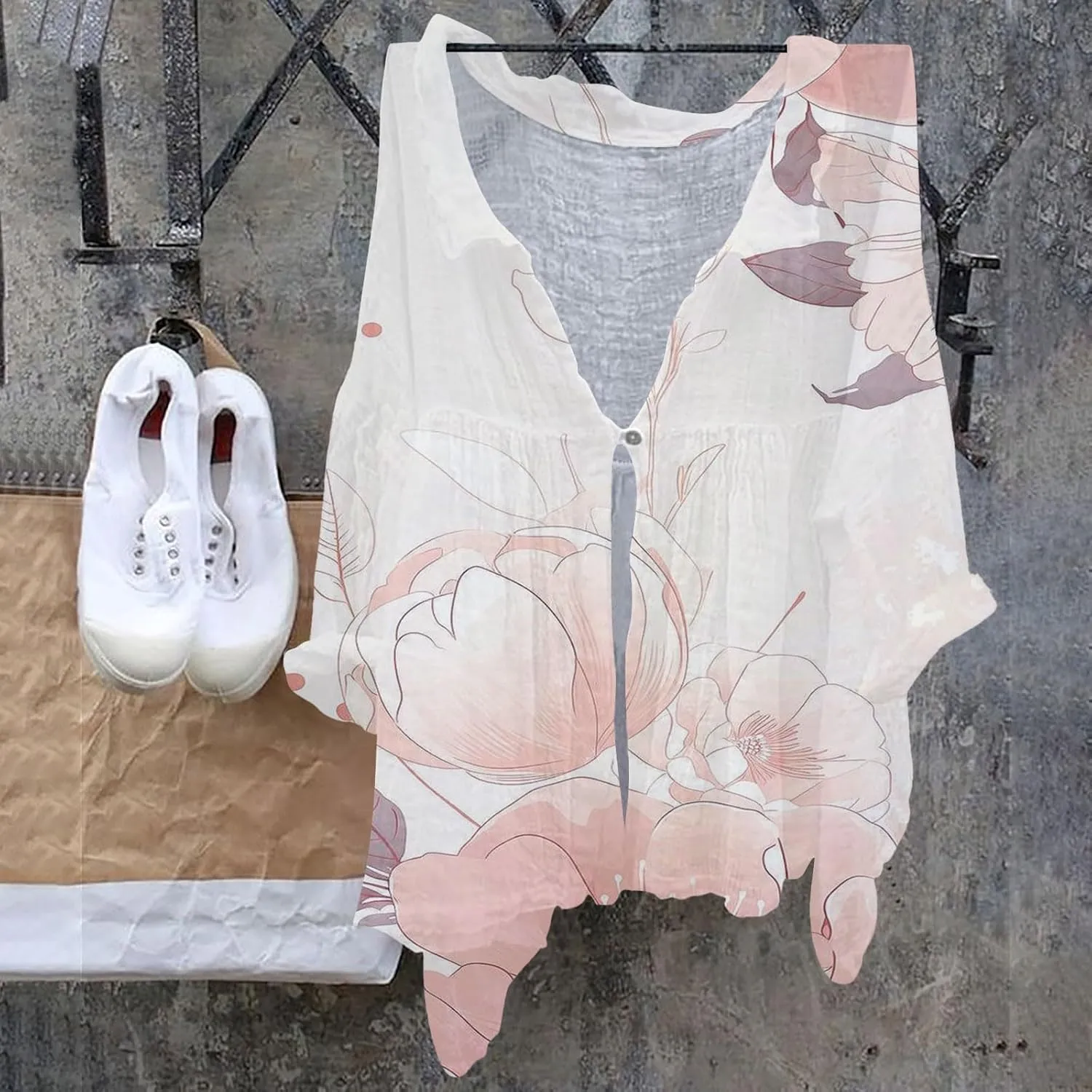 Women Oversized Button Down Shirts Women's Floral Butterfly Print Natural Autumn Linen Work Blouse Tops with Pocket