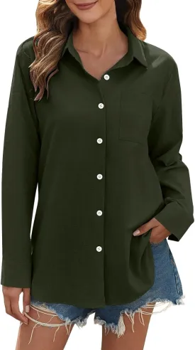 Women Oversized Button Down Shirts Women's Floral Butterfly Print Natural Autumn Linen Work Blouse Tops with Pocket