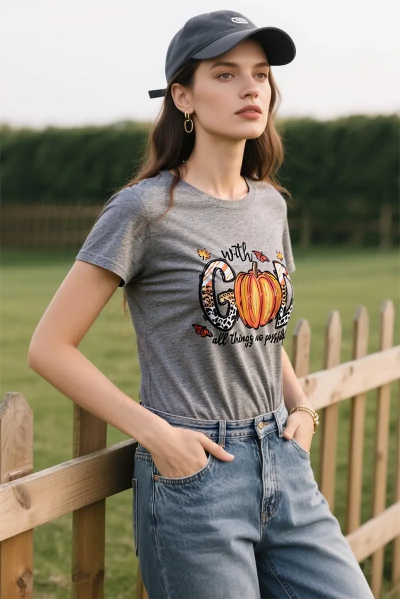 Women Tshirts with God All Things are Possible T Shirt Faith Sayings Christian Summer Jesus Graphic Tee Top Casual