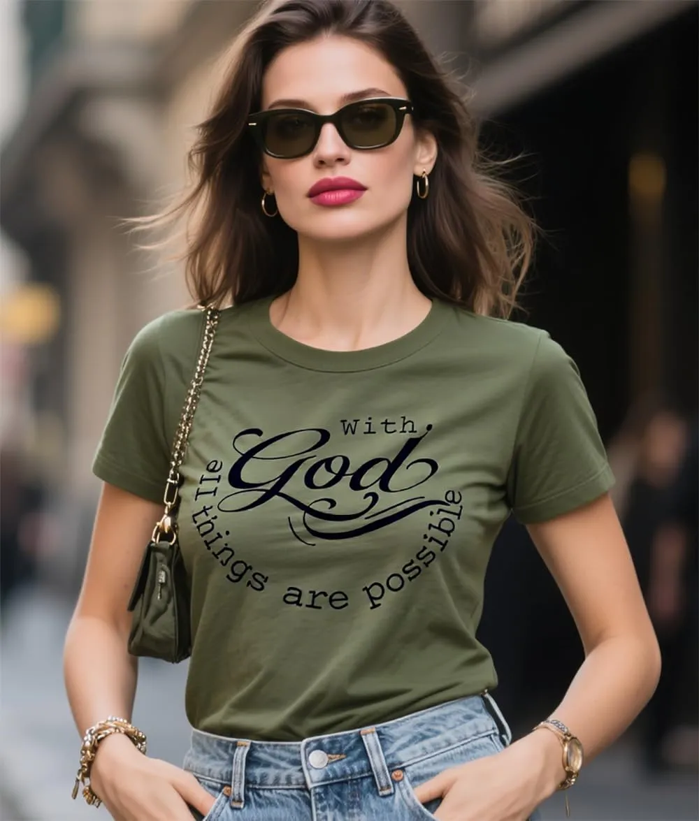 Women Tshirts with God All Things are Possible T Shirt Faith Sayings Christian Summer Jesus Graphic Tee Top Casual