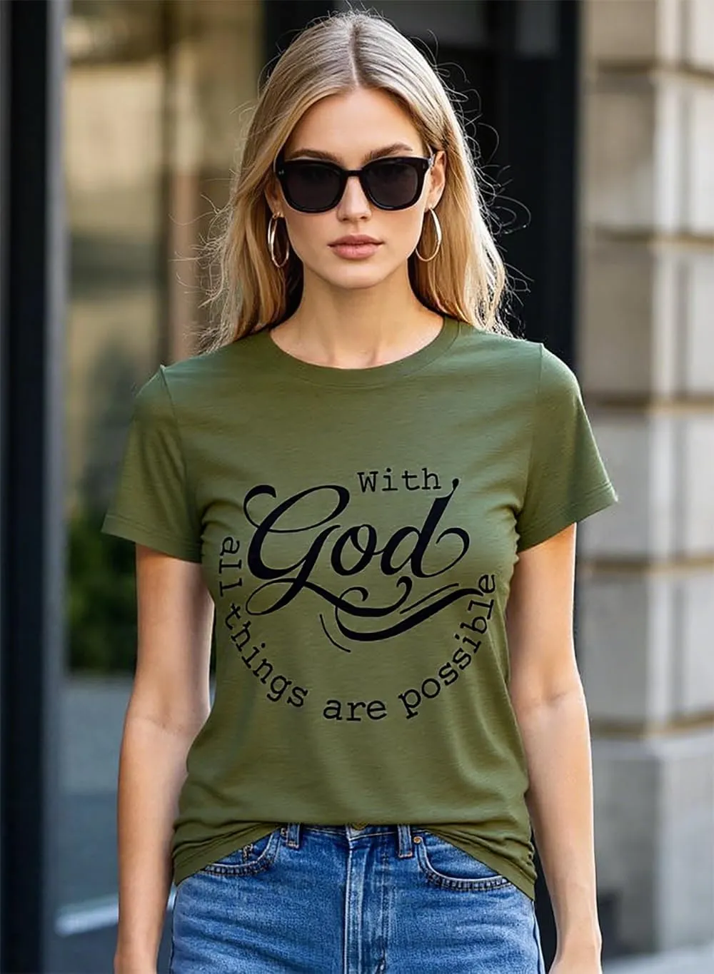 Women Tshirts with God All Things are Possible T Shirt Faith Sayings Christian Summer Jesus Graphic Tee Top Casual