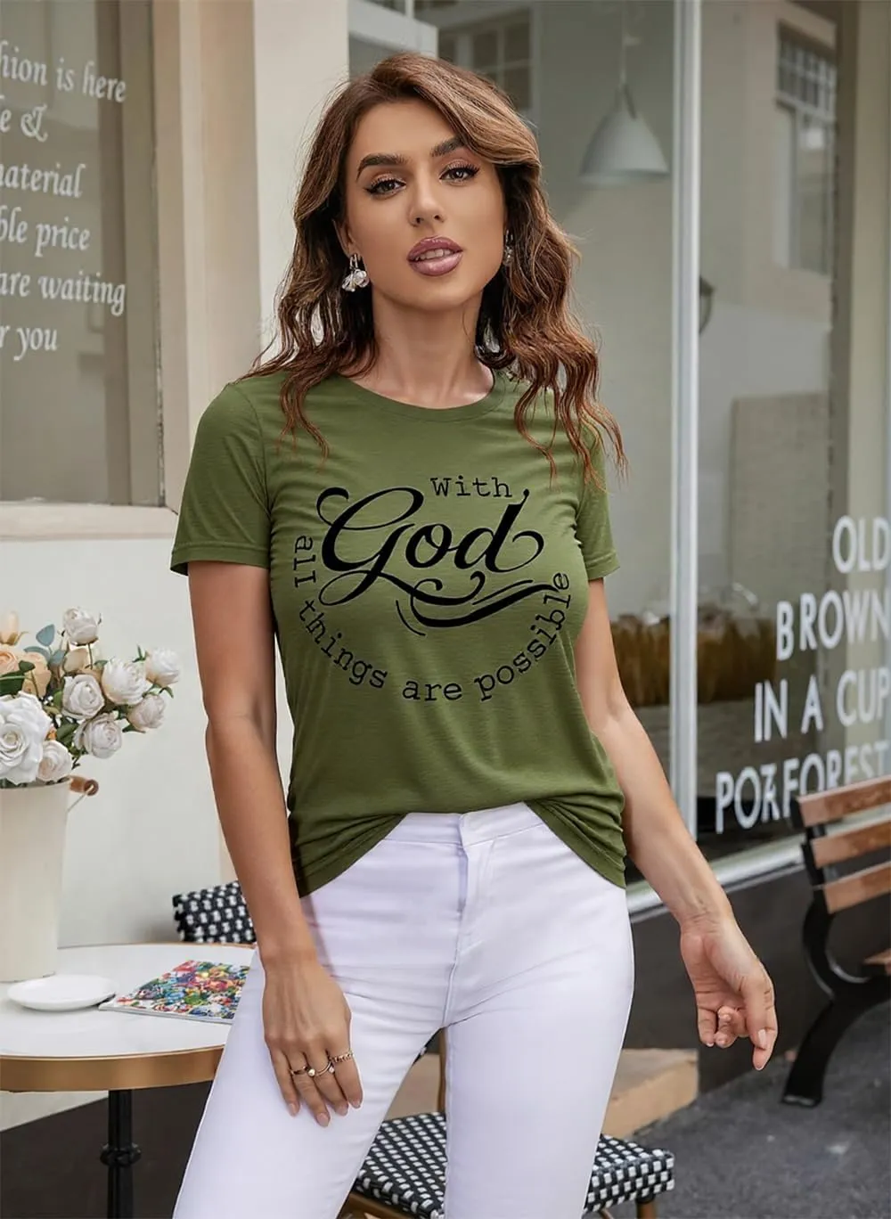 Women Tshirts with God All Things are Possible T Shirt Faith Sayings Christian Summer Jesus Graphic Tee Top Casual