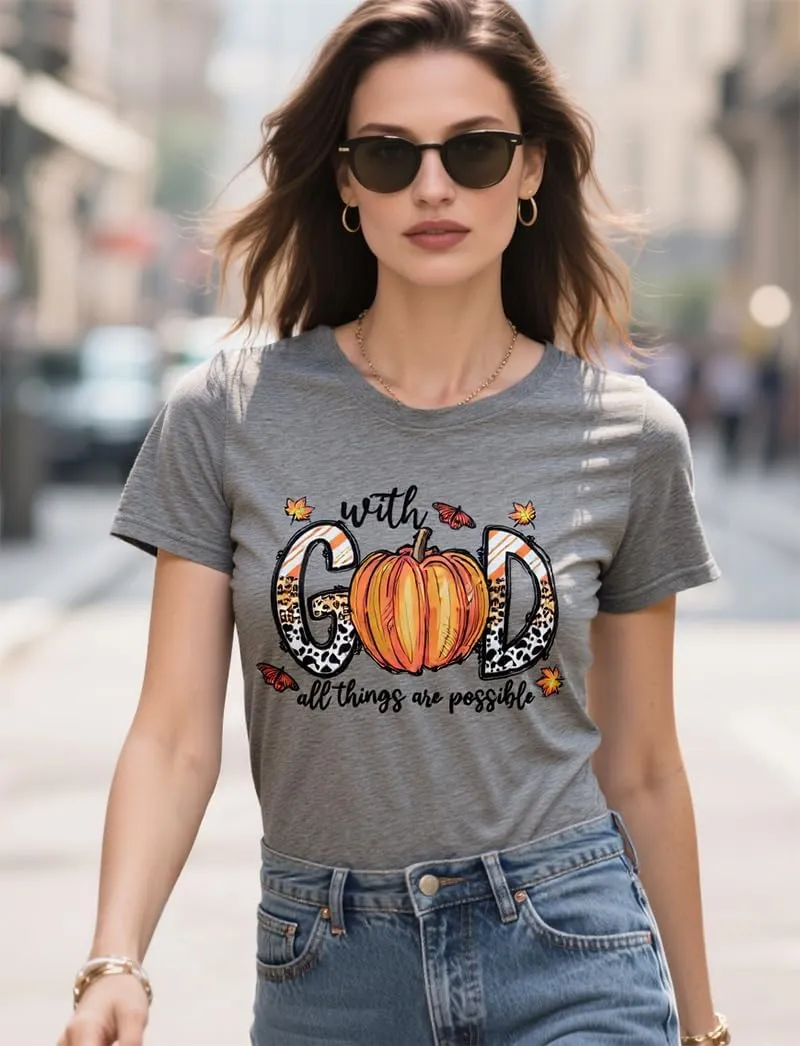 Women Tshirts with God All Things are Possible T Shirt Faith Sayings Christian Summer Jesus Graphic Tee Top Casual