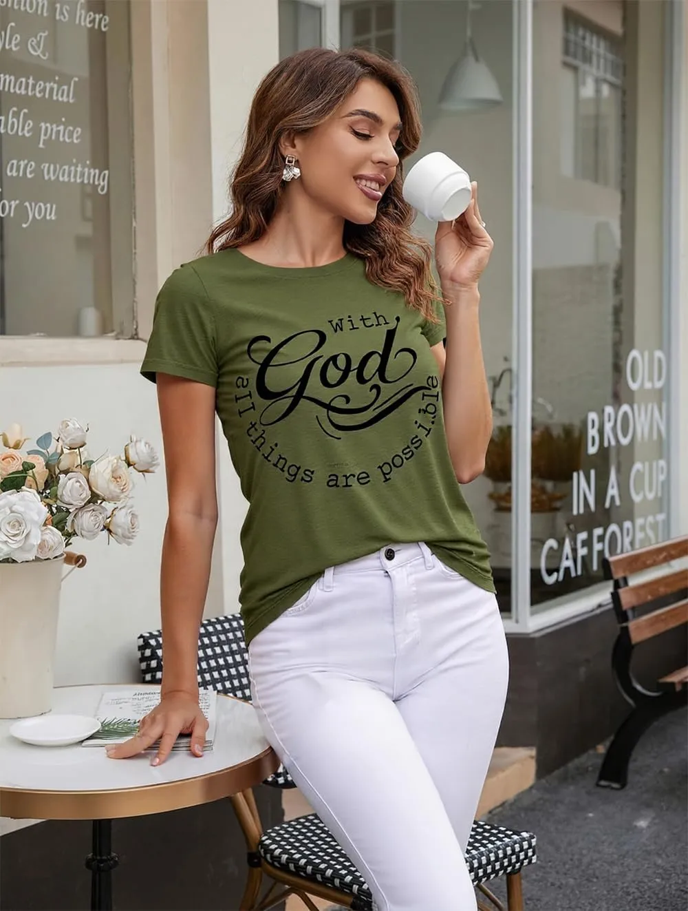 Women Tshirts with God All Things are Possible T Shirt Faith Sayings Christian Summer Jesus Graphic Tee Top Casual