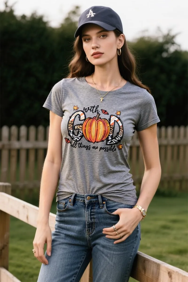 Women Tshirts with God All Things are Possible T Shirt Faith Sayings Christian Summer Jesus Graphic Tee Top Casual