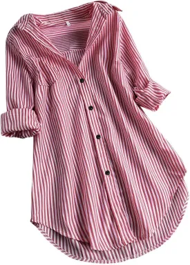 Womens Button Down Shirts Plus Size V Neck Long Sleeve Tunis Dressy Casual Striped Spring Summer Tops Flowy Cover Ups