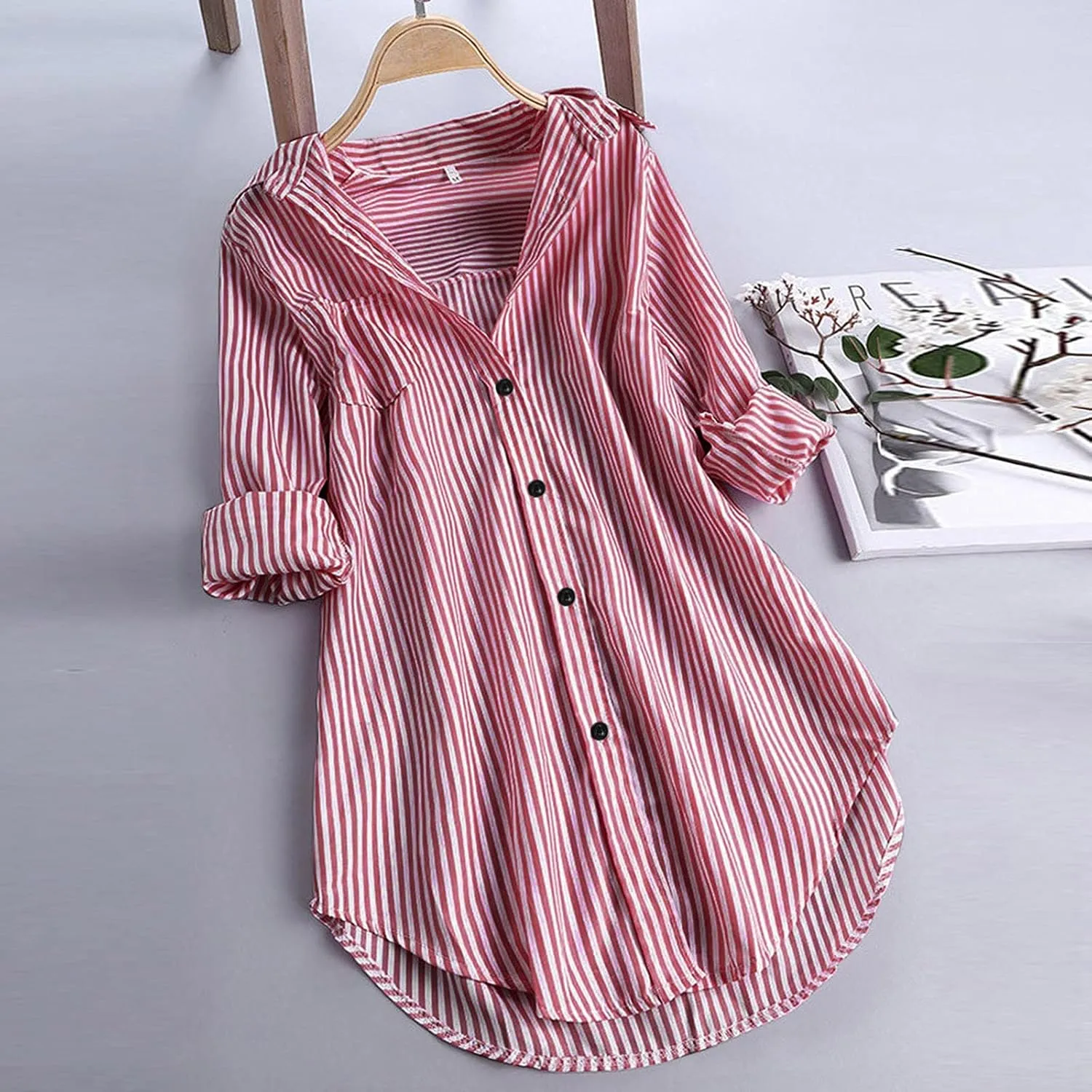 Womens Button Down Shirts Plus Size V Neck Long Sleeve Tunis Dressy Casual Striped Spring Summer Tops Flowy Cover Ups