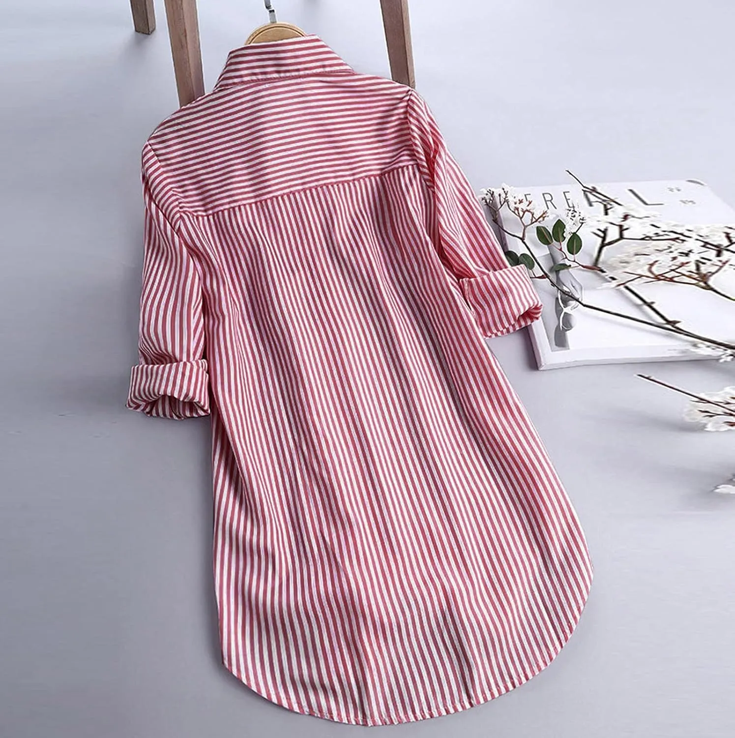 Womens Button Down Shirts Plus Size V Neck Long Sleeve Tunis Dressy Casual Striped Spring Summer Tops Flowy Cover Ups