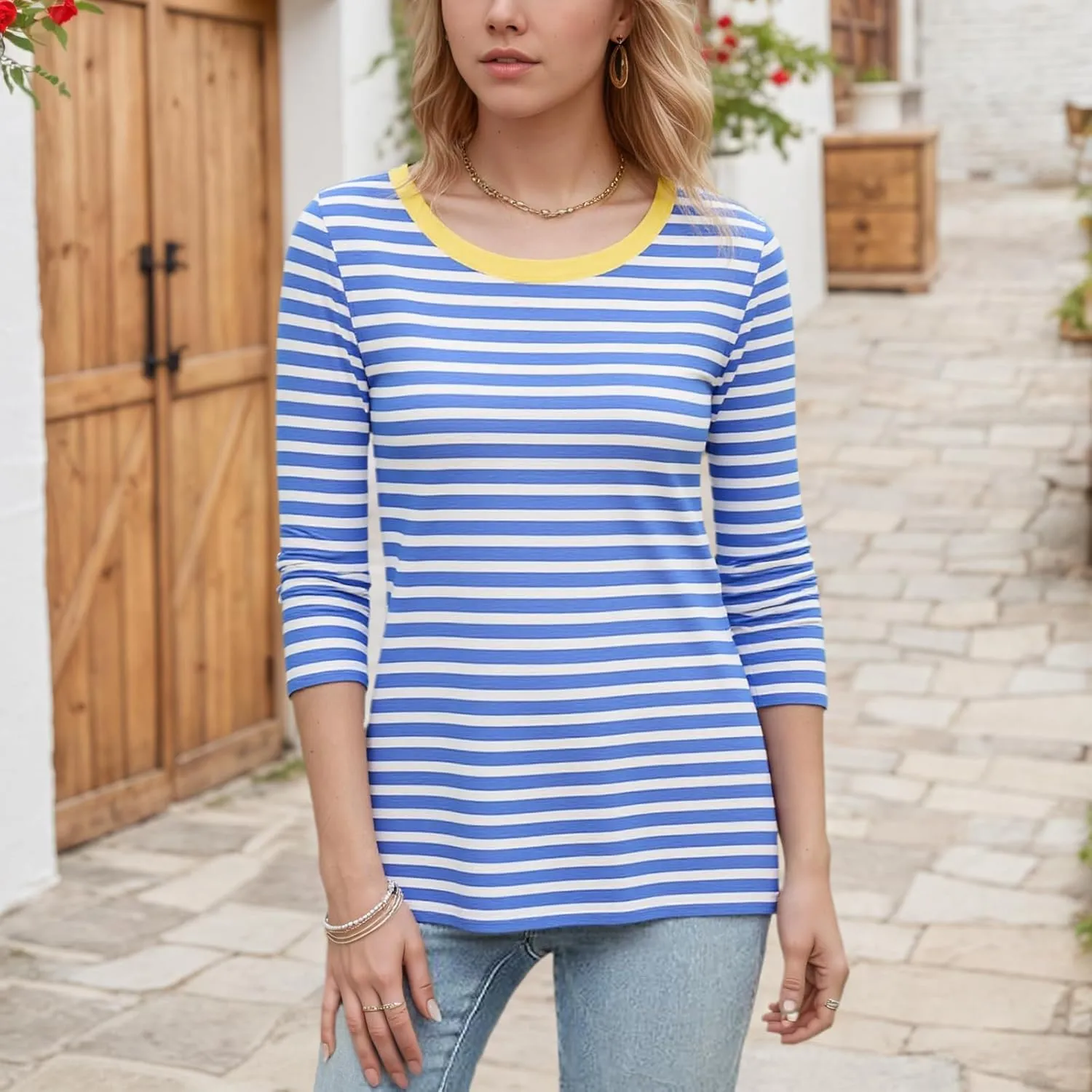 Womens Casual 3/4 Sleeve T-Shirts Round Neck Cute Print Tops Trendy Loose Fit Three Quarter Length Blouses