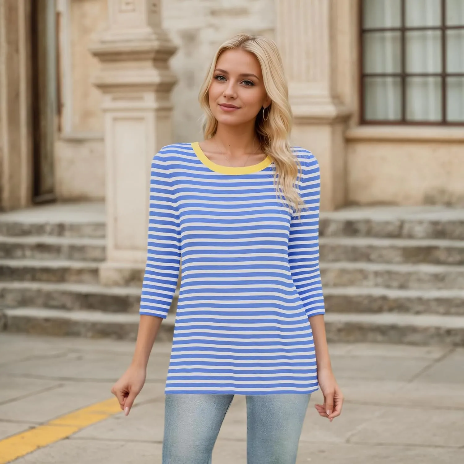 Womens Casual 3/4 Sleeve T-Shirts Round Neck Cute Print Tops Trendy Loose Fit Three Quarter Length Blouses