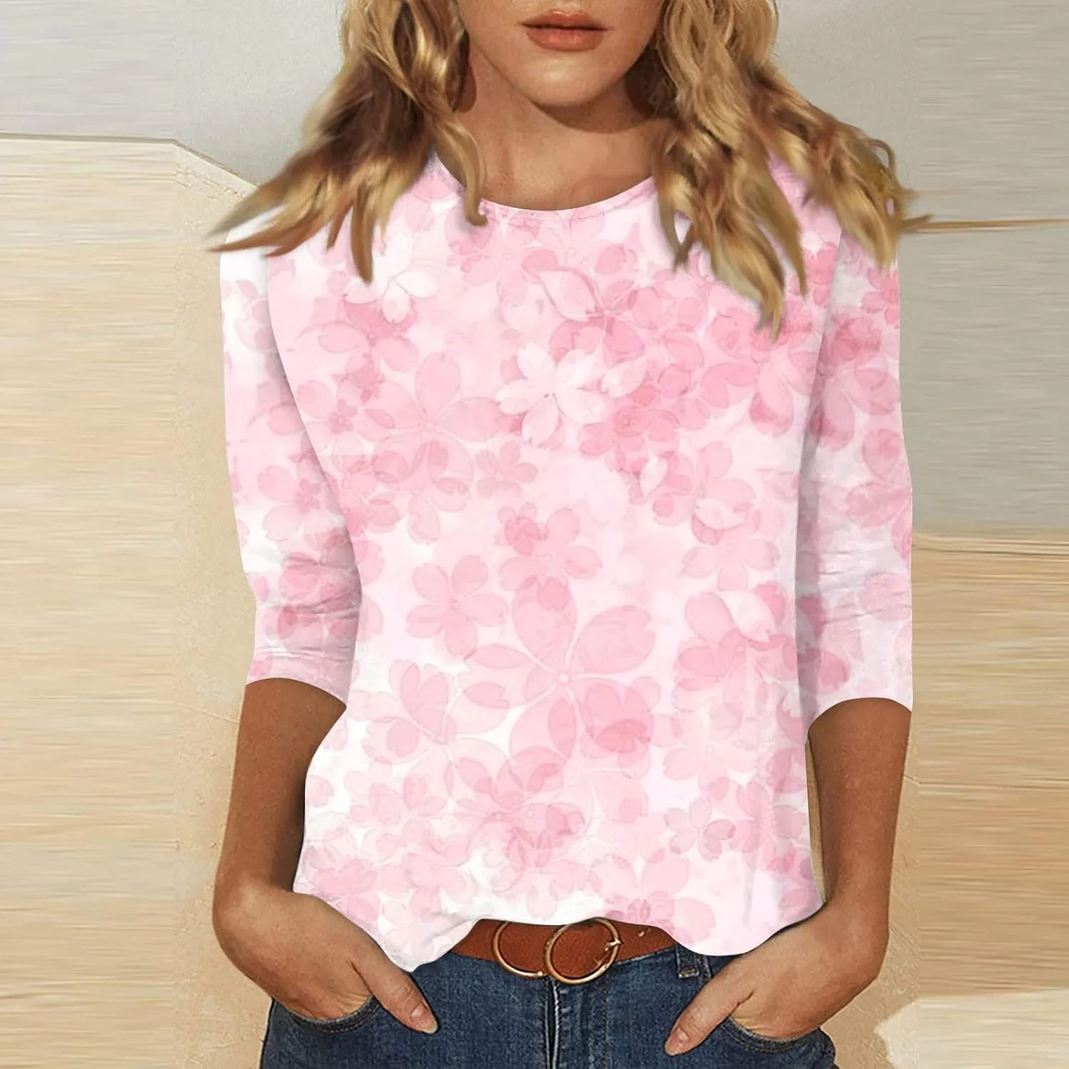 Womens Casual 3/4 Sleeve T-Shirts Round Neck Cute Print Tops Trendy Loose Fit Three Quarter Length Blouses