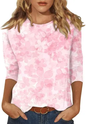 Womens Casual 3/4 Sleeve T-Shirts Round Neck Cute Print Tops Trendy Loose Fit Three Quarter Length Blouses