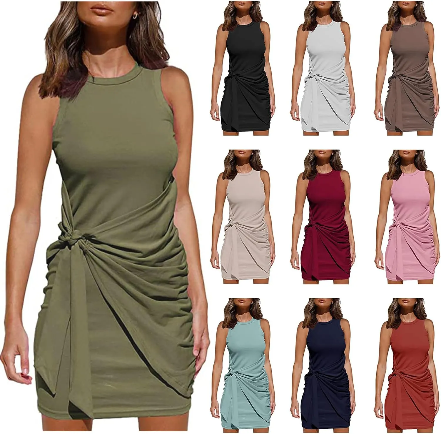 Women's Casual Sleeveless Bodycon Dress Tie Waist Ruched Mini Dresses Tank T Shirt Dress Elegant Night Out Sundress