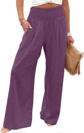 Womens Cotton Linen Palazzo Pants Loose Elastic High Waist Trousers Wide Leg Beach Pant Solid Vacation Casual Outfits
