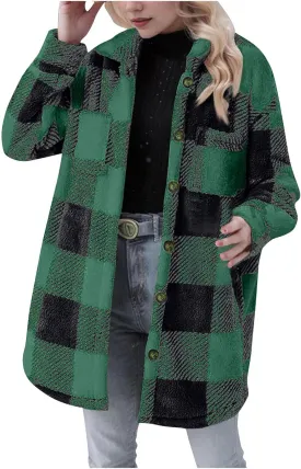 Womens Flannel Shacket Jacket Casual Sherpa Plaid Long Sleeve Shirt Trendy Oversized Coats Fall Clothes Winter Outfit