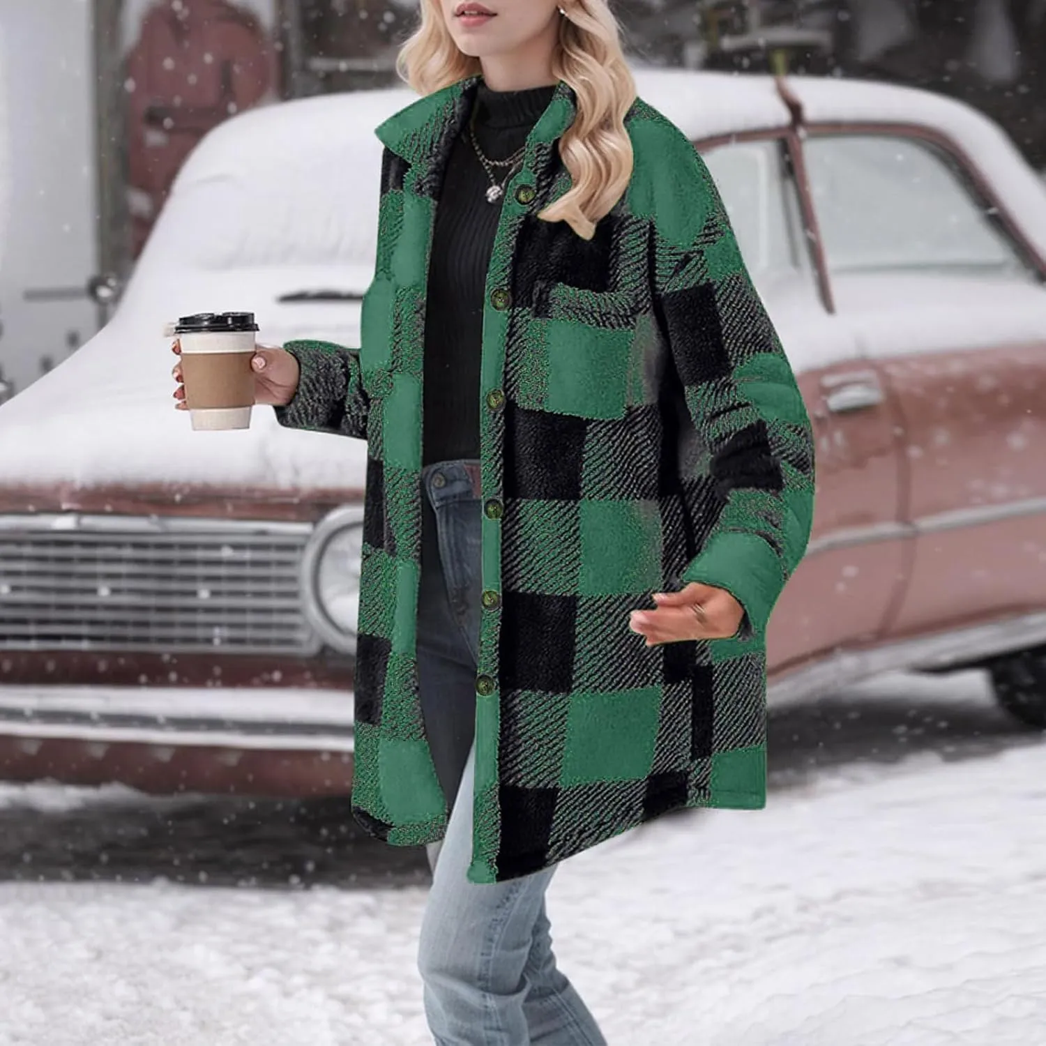 Womens Flannel Shacket Jacket Casual Sherpa Plaid Long Sleeve Shirt Trendy Oversized Coats Fall Clothes Winter Outfit