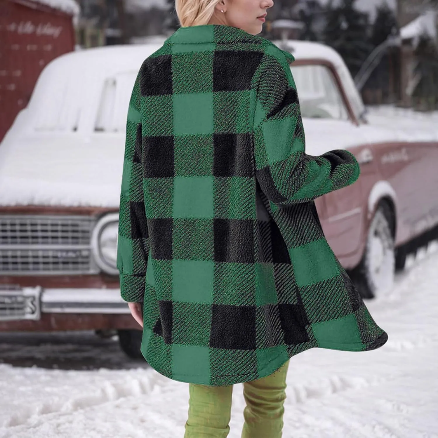 Womens Flannel Shacket Jacket Casual Sherpa Plaid Long Sleeve Shirt Trendy Oversized Coats Fall Clothes Winter Outfit