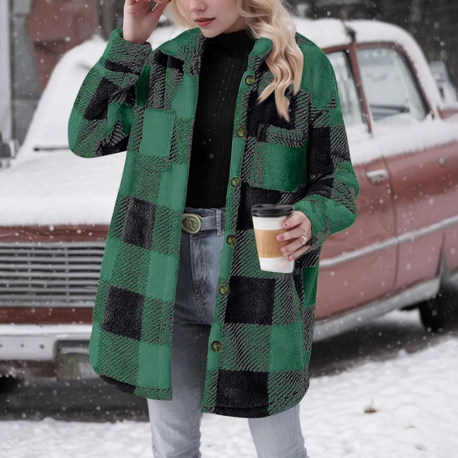 Womens Flannel Shacket Jacket Casual Sherpa Plaid Long Sleeve Shirt Trendy Oversized Coats Fall Clothes Winter Outfit
