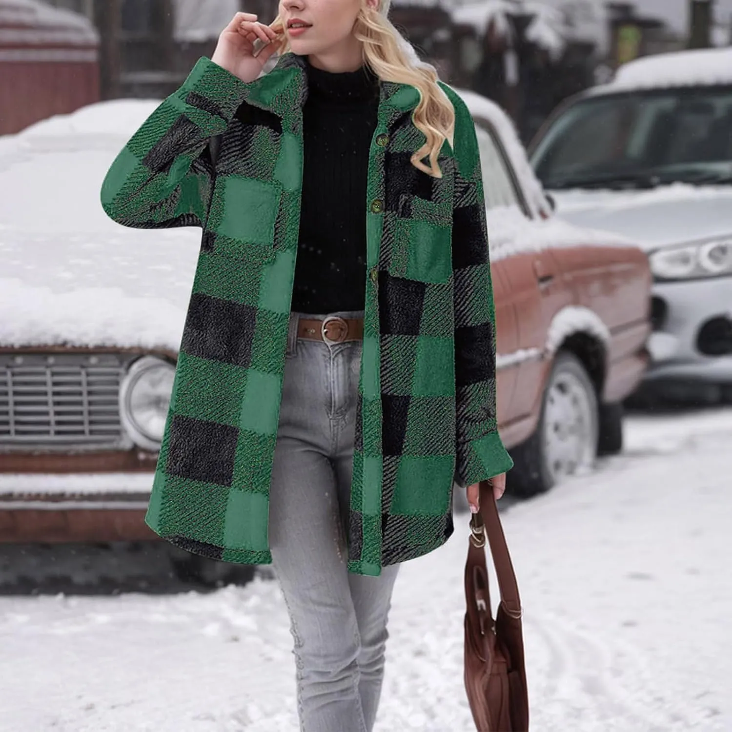 Womens Flannel Shacket Jacket Casual Sherpa Plaid Long Sleeve Shirt Trendy Oversized Coats Fall Clothes Winter Outfit