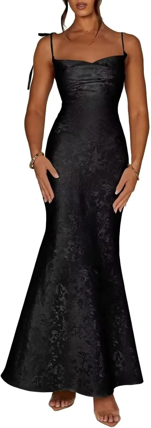 Women's Jacquard Satin Fitted Semi Bridesmaid Dresses Spaghetti Straps Long Mermaid Formal Evening Party Gowns