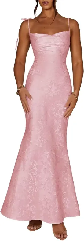 Women's Jacquard Satin Fitted Semi Bridesmaid Dresses Spaghetti Straps Long Mermaid Formal Evening Party Gowns