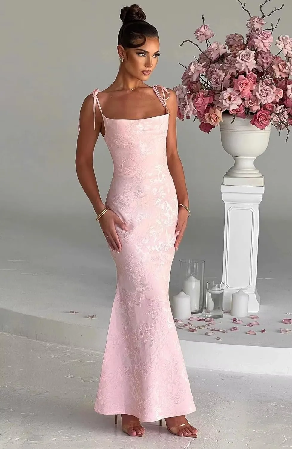 Women's Jacquard Satin Fitted Semi Bridesmaid Dresses Spaghetti Straps Long Mermaid Formal Evening Party Gowns