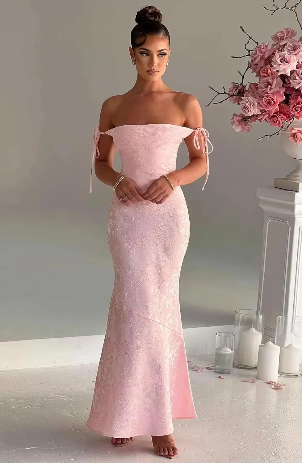 Women's Jacquard Satin Fitted Semi Bridesmaid Dresses Spaghetti Straps Long Mermaid Formal Evening Party Gowns