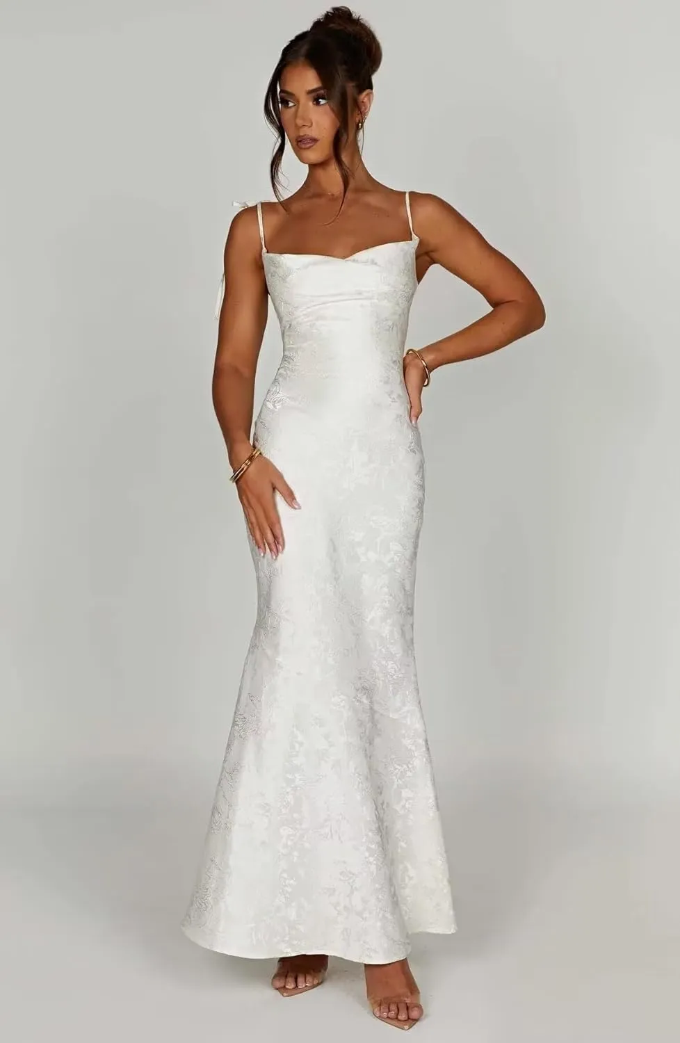 Women's Jacquard Satin Fitted Semi Bridesmaid Dresses Spaghetti Straps Long Mermaid Formal Evening Party Gowns