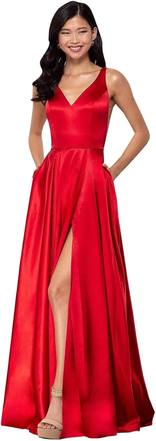 Women's Long A-Line Satin Prom Dresses High Slit V-Neck Backless Formal Party Evening Ball Gowns with Pockets