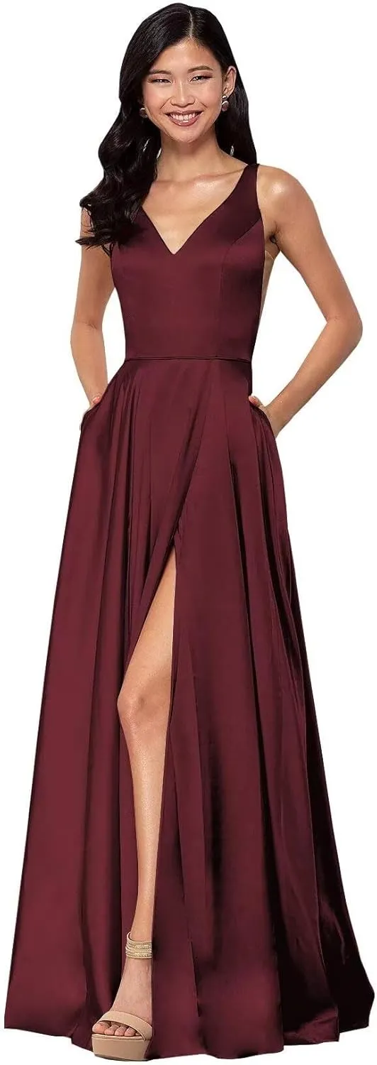 Women's Long A-Line Satin Prom Dresses High Slit V-Neck Backless Formal Party Evening Ball Gowns with Pockets