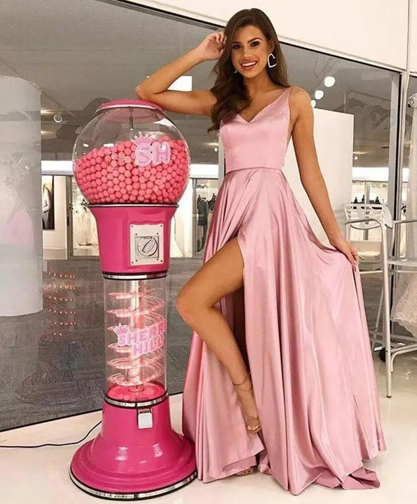 Women's Long A-Line Satin Prom Dresses High Slit V-Neck Backless Formal Party Evening Ball Gowns with Pockets
