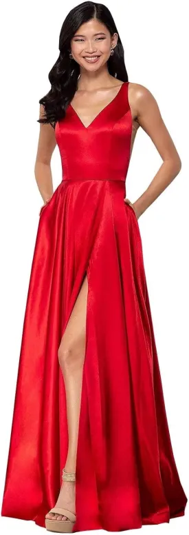 Women's Long A-Line Satin Prom Dresses High Slit V-Neck Backless Formal Party Evening Ball Gowns with Pockets