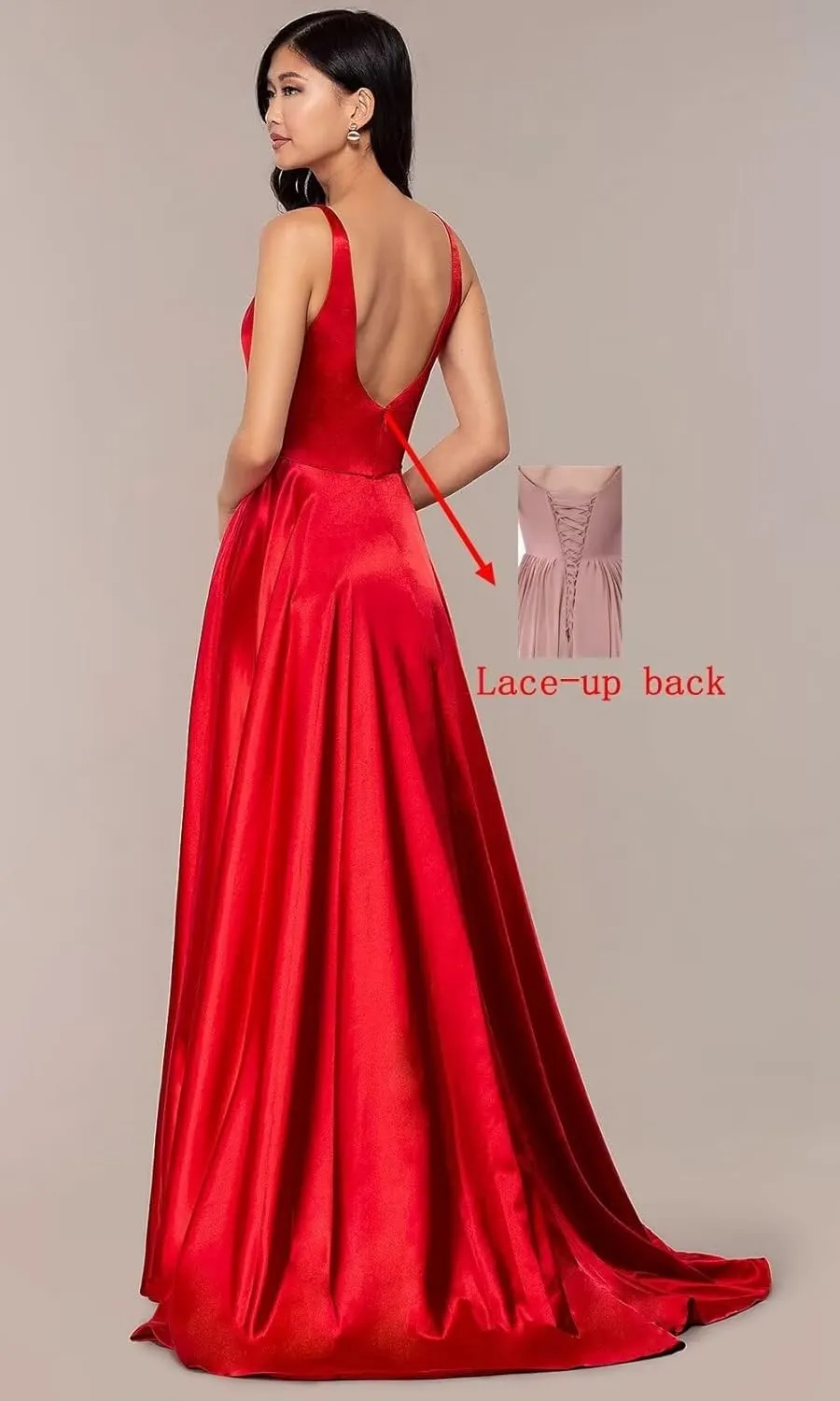 Women's Long A-Line Satin Prom Dresses High Slit V-Neck Backless Formal Party Evening Ball Gowns with Pockets