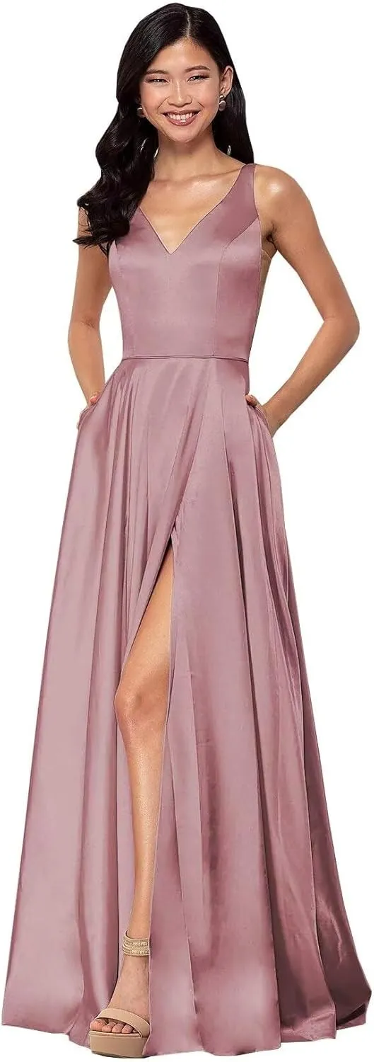 Women's Long A-Line Satin Prom Dresses High Slit V-Neck Backless Formal Party Evening Ball Gowns with Pockets
